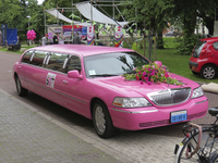 908100 Afbeelding van een roze limousine geparkeerd op het Lucasbolwerk in het kader van de viering van Roze Zaterdag ...
